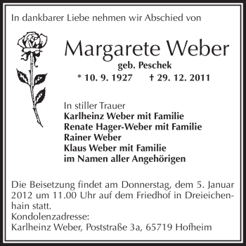 Traueranzeige von Margarete Weber von OFFENBACH-POST/HANAU-POST