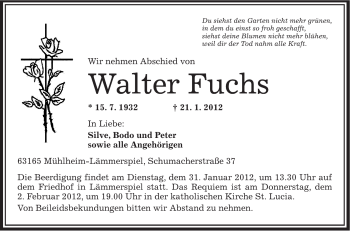 Traueranzeige von Walter Fuchs von OFFENBACH-POST/HANAU-POST