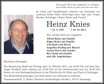 Traueranzeige von Heinz Knies von OFFENBACH-POST/HANAU-POST