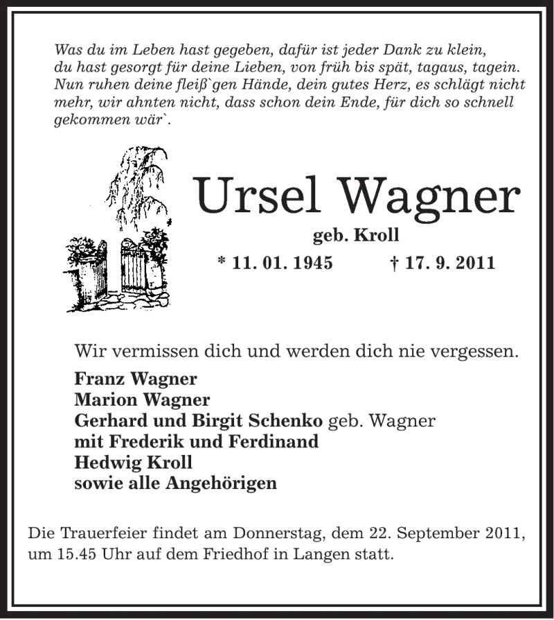  Traueranzeige für Ursel Wagner vom 20.09.2011 aus OFFENBACH-POST/HANAU-POST