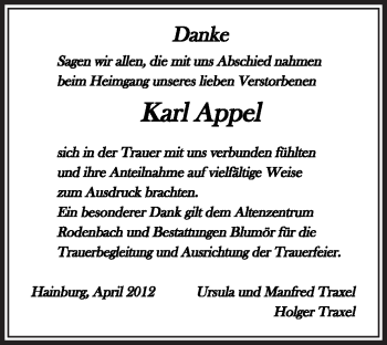 Traueranzeige von Karl Appel von OFFENBACH-POST/HANAU-POST