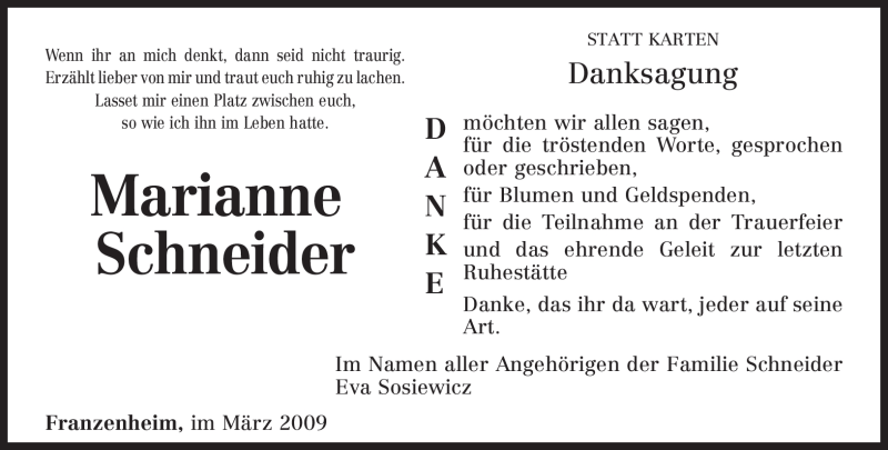  Traueranzeige für Marianne Schneider vom 28.03.2009 aus OFFENBACH-POST/HANAU-POST