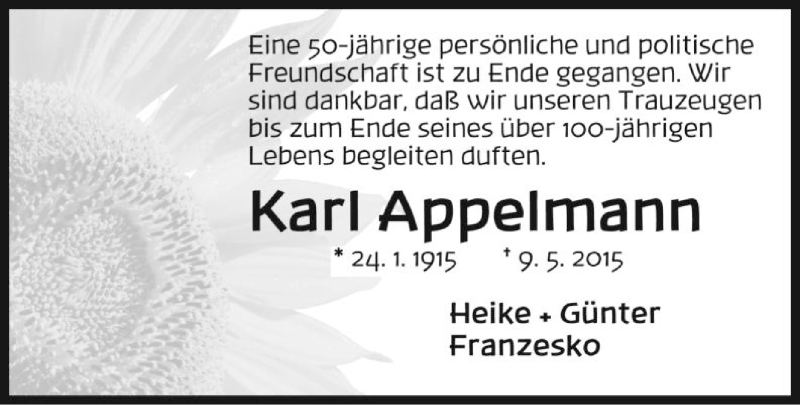  Traueranzeige für Karl Appelmann vom 16.05.2015 aus Rheinmain