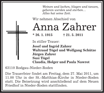 Traueranzeige von Anna Zahrer von OFFENBACH-POST/HANAU-POST