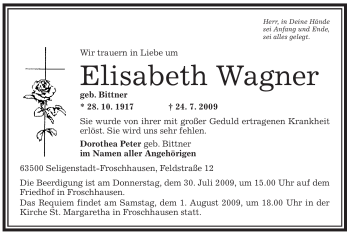 Traueranzeige von Elisabeth Wagner von OFFENBACH-POST/HANAU-POST