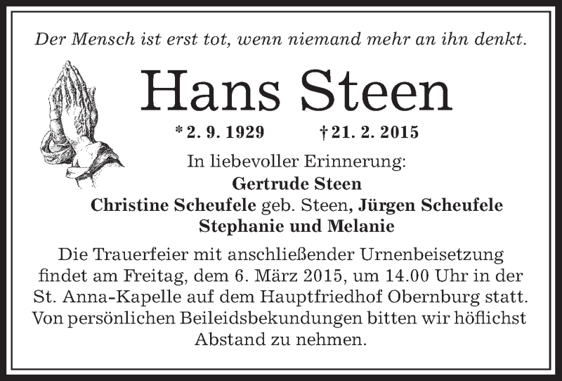  Traueranzeige für Hans Steen vom 26.02.2015 aus Offenbach