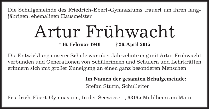  Traueranzeige für Artur Frühwacht vom 01.05.2015 aus Offenbach