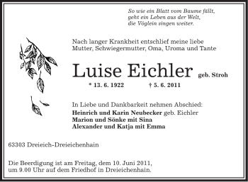 Traueranzeige von Luise Eichler von OFFENBACH-POST/HANAU-POST