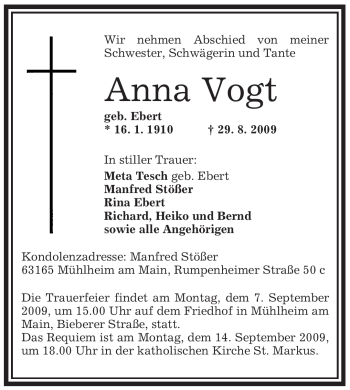 Traueranzeige von Anna Vogt von OFFENBACH-POST/HANAU-POST