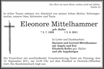 Traueranzeige von Eleonore Mittelhammer von OFFENBACH-POST/HANAU-POST