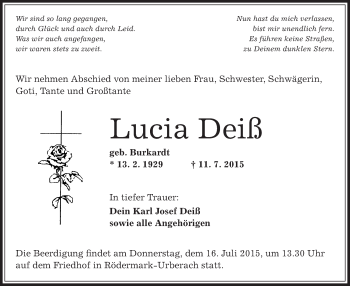 Traueranzeige von Lucia Deiß von Offenbach