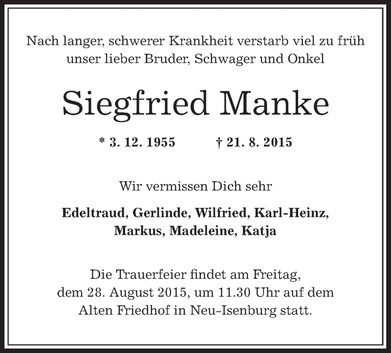  Traueranzeige für Siegfried Manke vom 27.08.2015 aus Offenbach