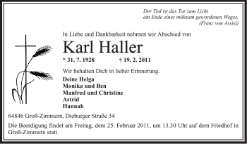 Traueranzeige von Karl Haller von OFFENBACH-POST/HANAU-POST