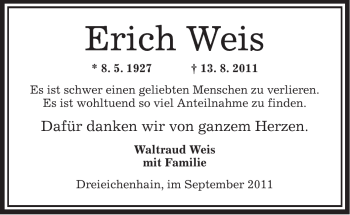 Traueranzeige von Erich Weis von OFFENBACH-POST/HANAU-POST