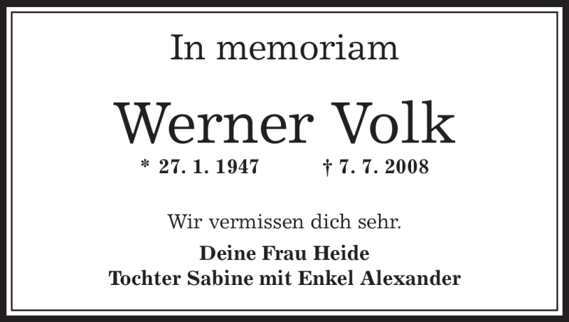  Traueranzeige für Werner Volk vom 07.07.2012 aus OFFENBACH-POST/HANAU-POST