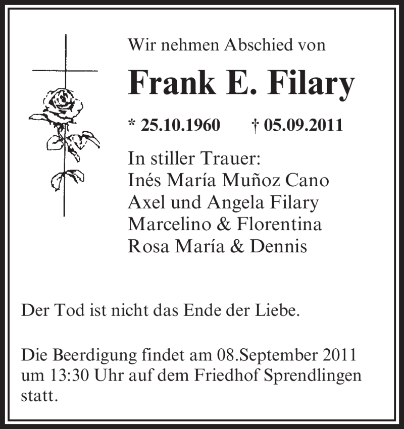  Traueranzeige für Frank E. Filary vom 08.09.2011 aus OFFENBACH-POST/HANAU-POST
