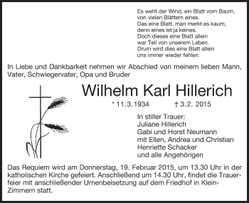 Traueranzeige von Wilhelm Karl Hillerich von Offenbach