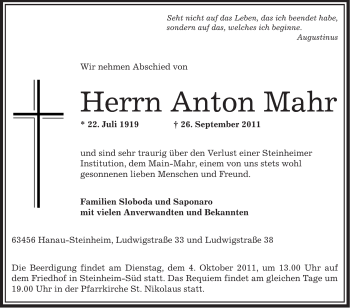 Traueranzeige von Anton Mahr von OFFENBACH-POST/HANAU-POST