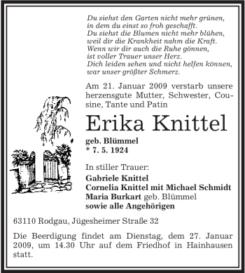 Traueranzeige von Erika Knittel von OFFENBACH-POST/HANAU-POST