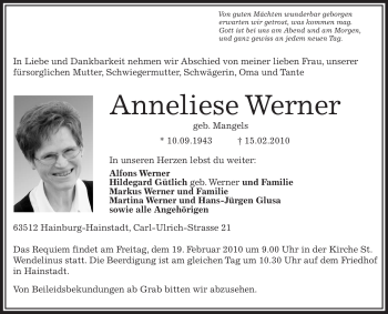 Traueranzeige von Anneliese Werner von OFFENBACH-POST/HANAU-POST