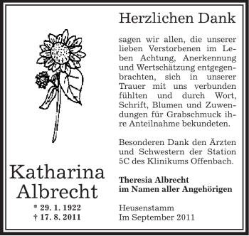 Traueranzeige von Katharina Albrecht von OFFENBACH-POST/HANAU-POST