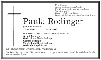 Traueranzeige von Paula Rodinger von OFFENBACH-POST/HANAU-POST