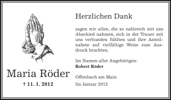 Traueranzeige von Maria Röder von OFFENBACH-POST/HANAU-POST