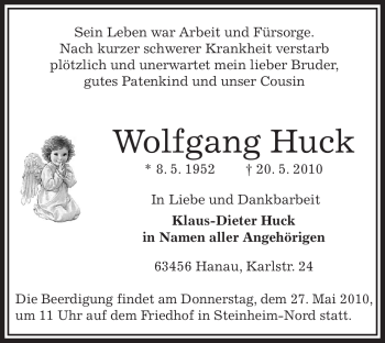 Traueranzeige von Wolfgang Huck von OFFENBACH-POST/HANAU-POST