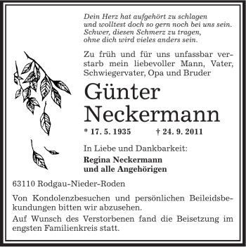 Traueranzeige von Günter Neckermann von OFFENBACH-POST/HANAU-POST