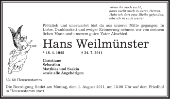 Traueranzeige von Hans Weilmünster von OFFENBACH-POST/HANAU-POST