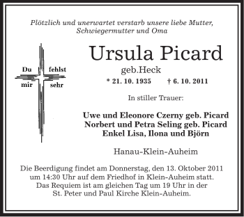 Traueranzeige von Ursula Picard von OFFENBACH-POST/HANAU-POST