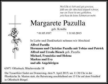 Traueranzeige von Margareta Pazulla von Offenbach