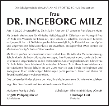 Traueranzeige von Ingeborg Milz von Offenbach