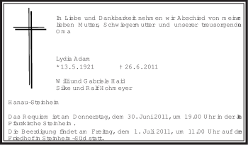 Traueranzeige von Lydia Adam von OFFENBACH-POST/HANAU-POST