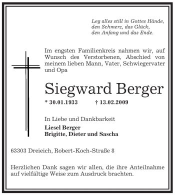 Traueranzeige von Siegward Berger von OFFENBACH-POST/HANAU-POST