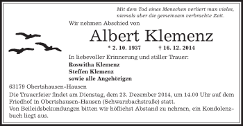 Traueranzeige von Albert Klemenz von Offenbach