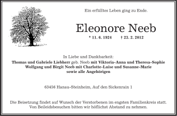 Traueranzeige von Eleonore Neeb von OFFENBACH-POST/HANAU-POST