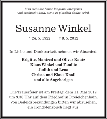 Traueranzeige von Susanne Winkel von OFFENBACH-POST/HANAU-POST