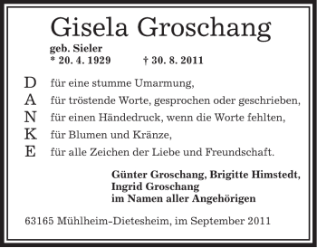 Traueranzeige von Gisela Groschang von OFFENBACH-POST/HANAU-POST