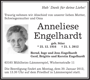 Traueranzeige von Anneliese Engelhardt von OFFENBACH-POST/HANAU-POST