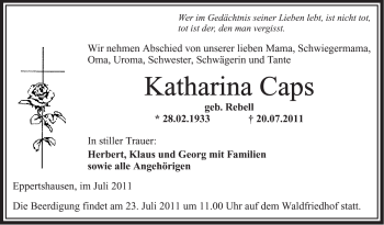 Traueranzeige von Katharina Caps von OFFENBACH-POST/HANAU-POST