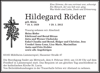 Traueranzeige von Hildegard Röder von OFFENBACH-POST/HANAU-POST