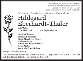 Traueranzeige von Hildegard Eberhardt-Thaler von OFFENBACH-POST/HANAU-POST