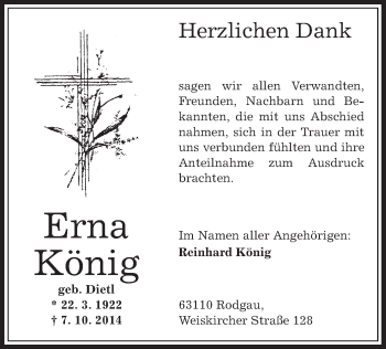 Traueranzeige von Erna König von Offenbach