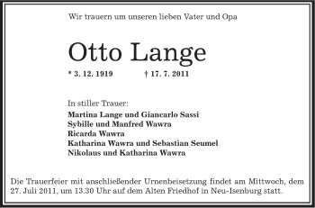 Traueranzeige von Otto Lange von OFFENBACH-POST/HANAU-POST