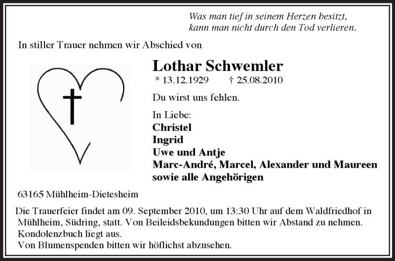  Traueranzeige für Lothar Schwemler vom 04.09.2010 aus OFFENBACH-POST/HANAU-POST