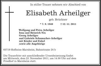 Traueranzeige von Elisabeth Arheiliger von OFFENBACH-POST/HANAU-POST