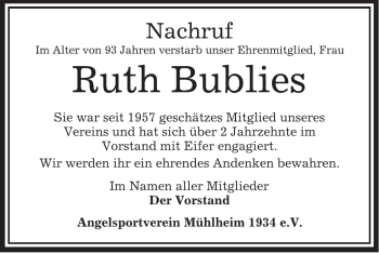 Traueranzeige von Ruth Bublies von OFFENBACH-POST/HANAU-POST