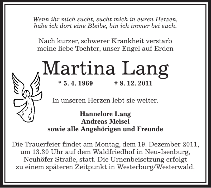  Traueranzeige für Martina Lang vom 15.12.2011 aus OFFENBACH-POST/HANAU-POST