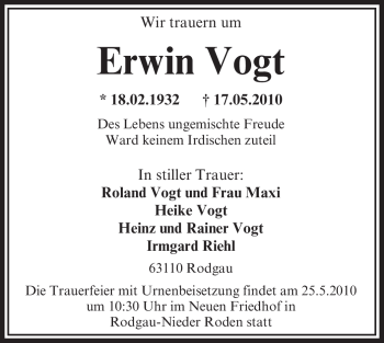 Traueranzeige von Erwin Vogt von OFFENBACH-POST/HANAU-POST